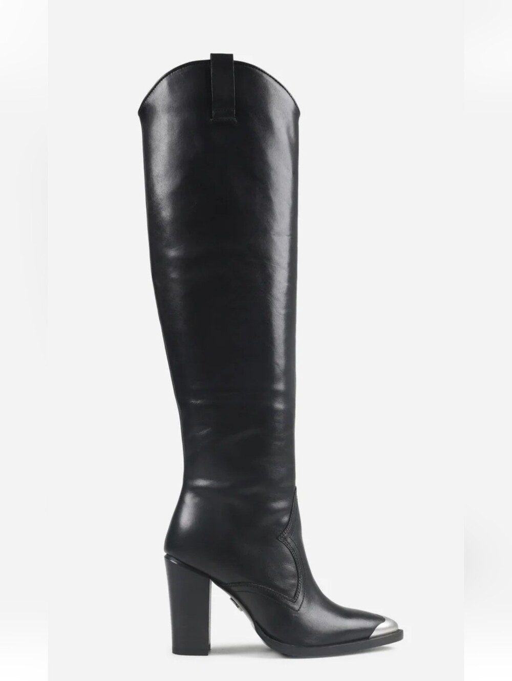 Bronx Black Leather Knee-High Heeled Boots with Silver Toe Cap